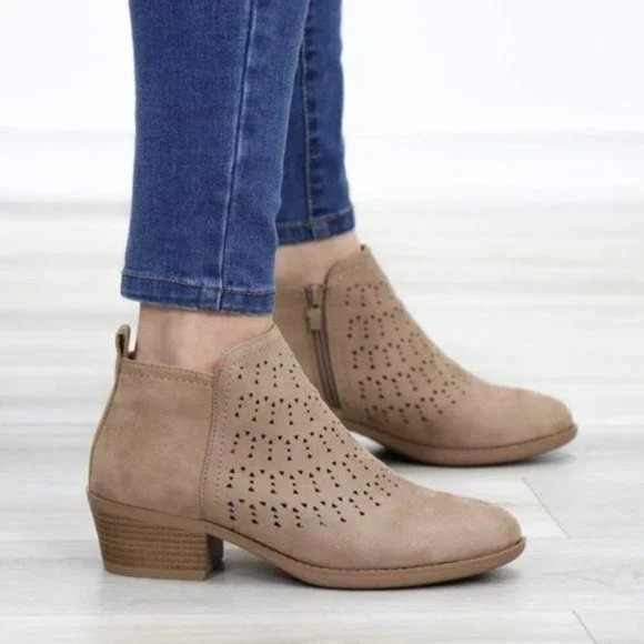 Boho Ankle Boots Taupe Suede Booties Low Heel Laser Cut Design With Zipper - Picture 5 of 11